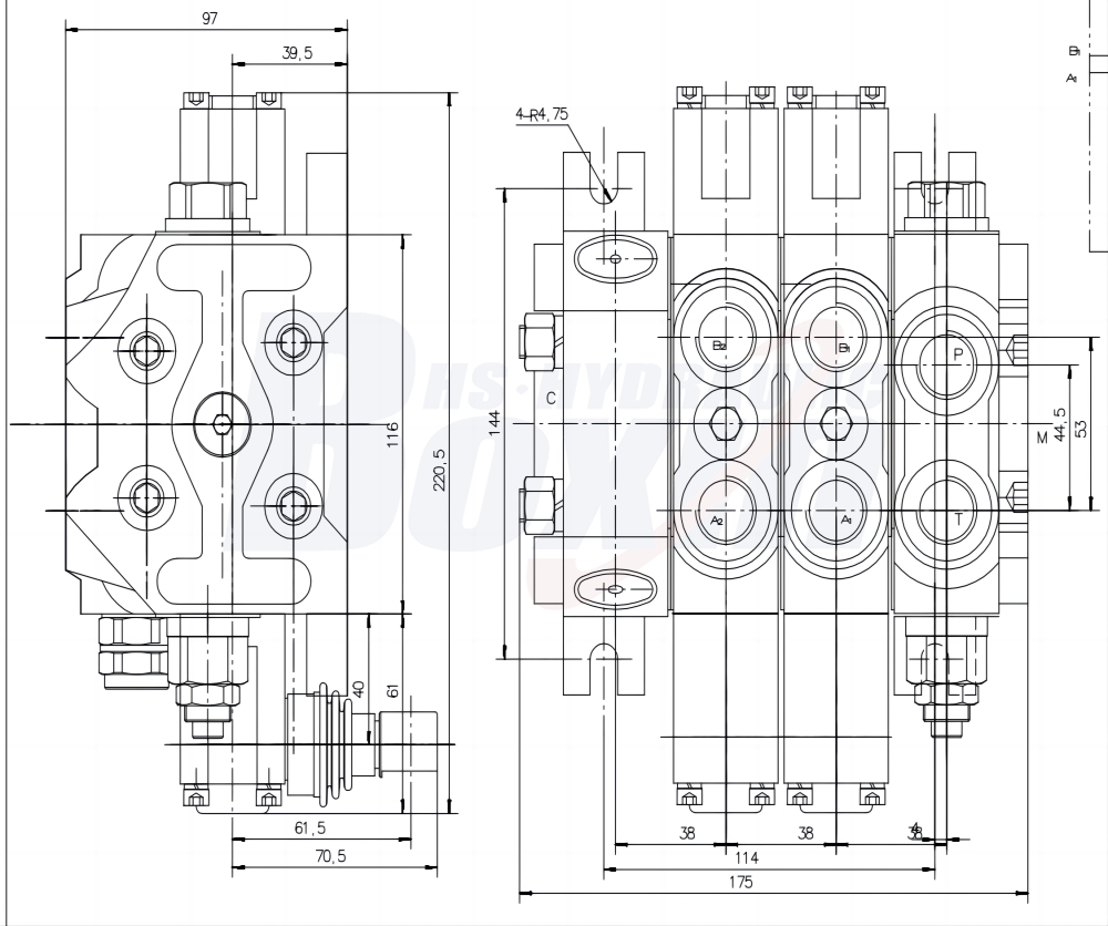 Sectional Control Valve DCV60-FZJ 2 Spool Manual Directional Control Valve drawing image